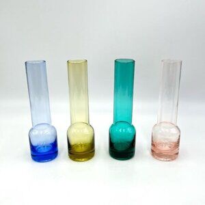 (4) Four Colorful Colored Multicolor Glass Flower Bud Vases - Green‎ Blue Pink